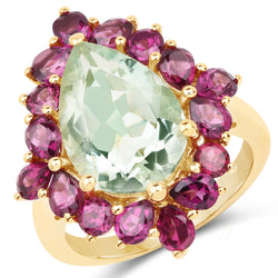 14K Yellow Gold Plated 7.21 Carat Genuine Green Amethyst and Rhodolite .925 Sterling Silver Ring