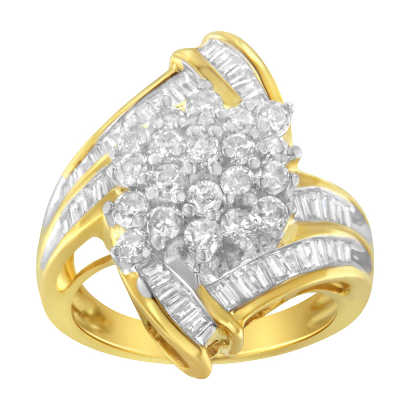 10K Yellow Gold Round and Baguette Diamond Swirl Ring (2.0 Cttw, J-K Color, I2 Clarity) - Size 6-3/4