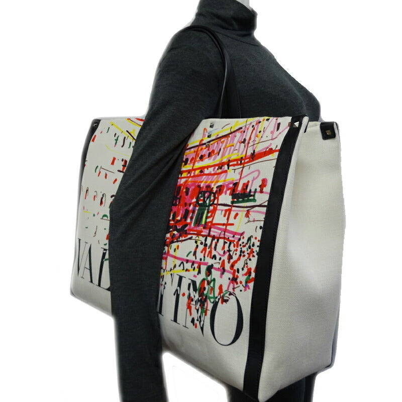 Valentino Garavani Roman Sketch Canvas Large Tote Bag Ladies Ivory / Black