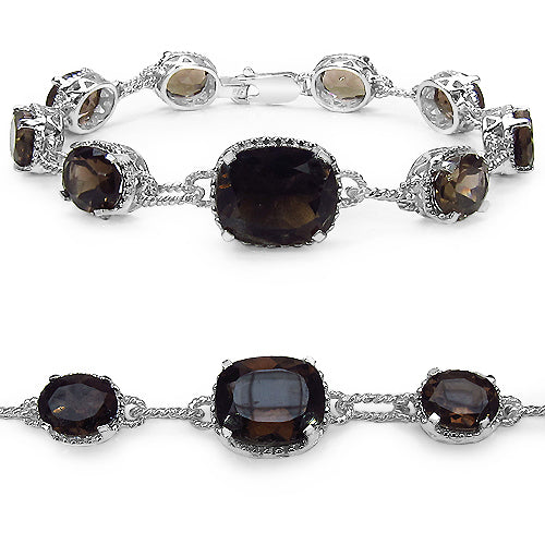 18.53 Carat Genuine Smoky Quartz & White Diamond .925 Sterling Silver Bracelet