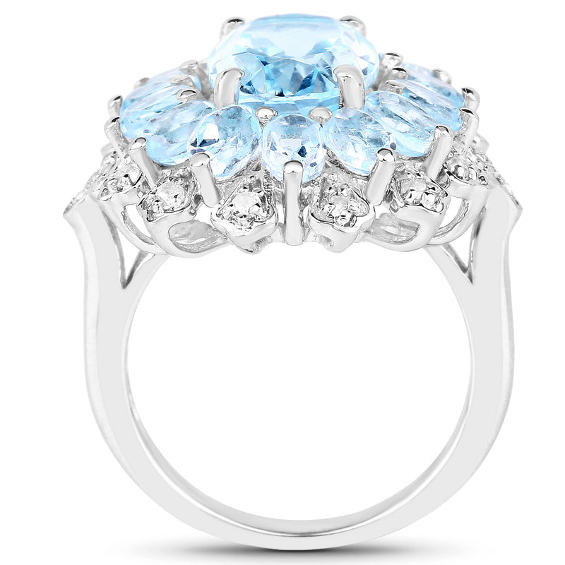 7.57 Carat Genuine Blue Topaz and White Topaz .925 Sterling Silver Ring