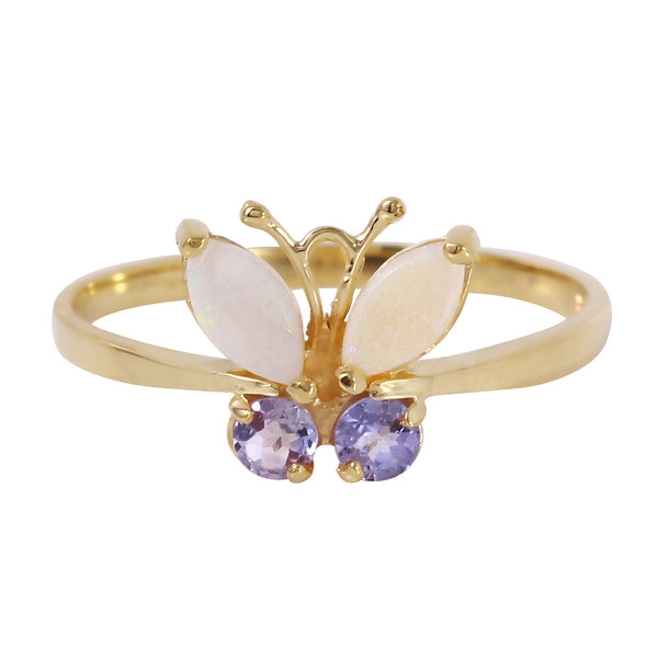 0.7 Carat 14K Solid Yellow Gold Butterfly Ring Opal Tanzanite