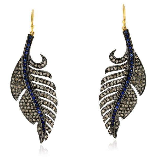 Pave Diamond 18k Gold Silver Sapphire Leaf Style Hook Dangle Earrings Jewelry