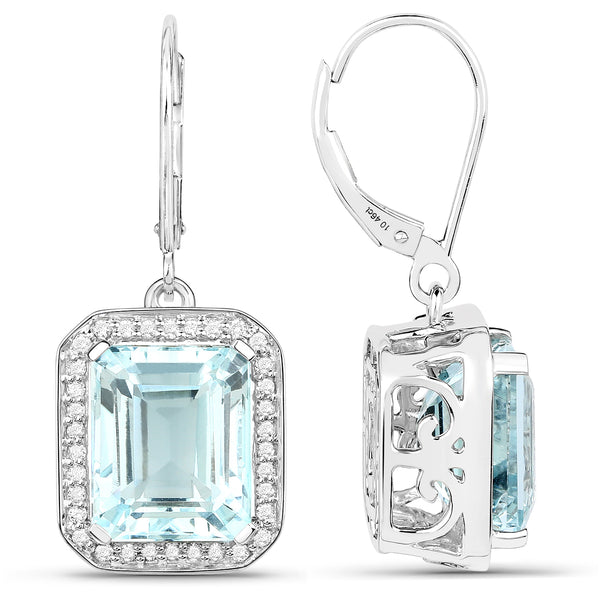 10.81 Carat Genuine Aquamarine and White Diamond 14K White Gold Earrings