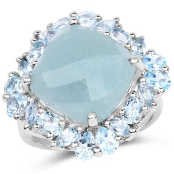 10.56 Carat Genuine Aquamarine & Blue Topaz .925 Sterling Silver Ring