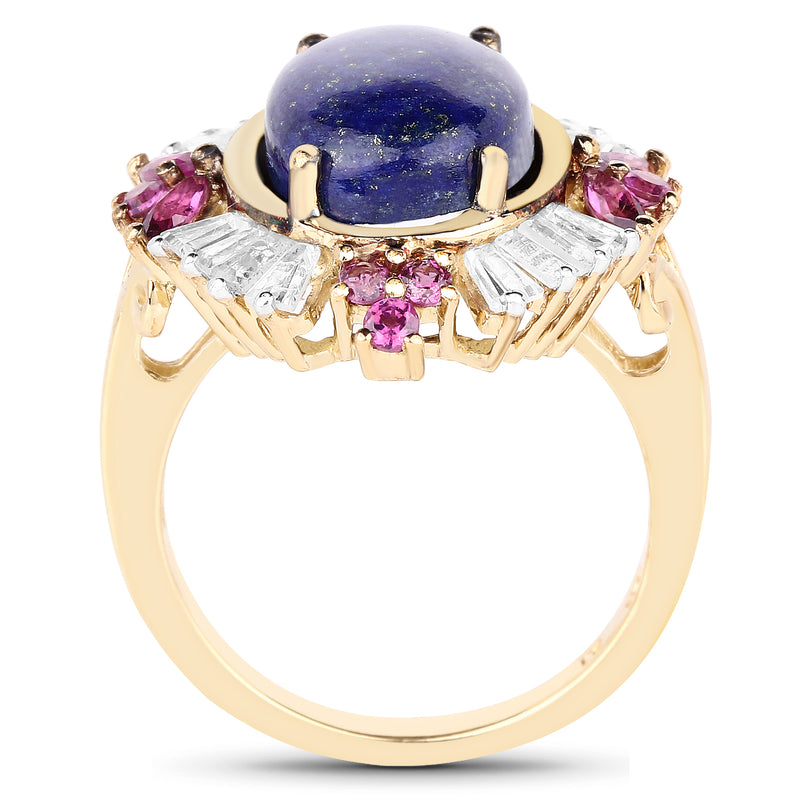 14K Yellow Gold Plated 6.72 Carat Genuine Lapis, Rhodolite & White Topaz .925 Sterling Silver Ring