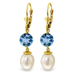 11.1 Carat 14K Solid Yellow Gold Blue Orchid Blue Topaz Pearl Earrings