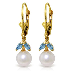 4.4 Carat 14K Solid Yellow Gold White Surf Blue Topaz Pearl Earrings