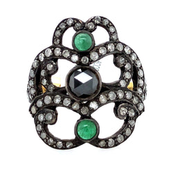 Studded Diamond & Emerald Cockail Ring 18k Gold 925 Silver Jewelry