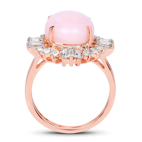 14K Rose Gold Plated 6.42 Carat Genuine Pink Opal and White Topaz .925 Sterling Silver Ring