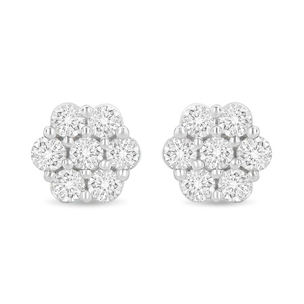 14K White Gold 1.0 Cttw Prong Set Round-Cut Diamond Floral Stud Earrings (H-I Color, I1-I2 Clarity)