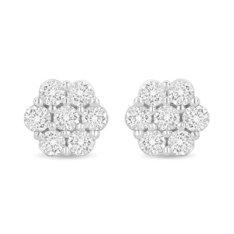 14K White Gold 1.0 Cttw Prong Set Round-Cut Diamond Floral Stud Earrings (H-I Color, I1-I2 Clarity)