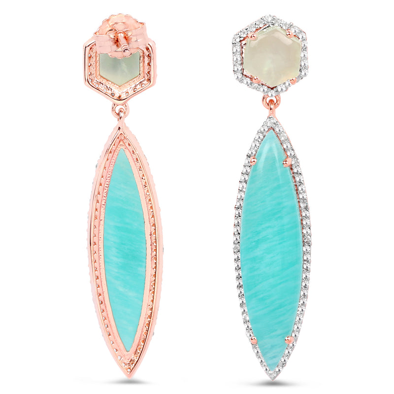 14K Rose Gold Plated 17.14 Carat Genuine Amazonite, Prehnite And White Topaz .925 Sterling Silver Earrings