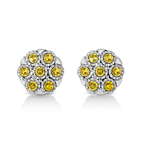 .925 Sterling Silver 1/4 Cttw Yellow Color Treated Diamond Cluster Flower Earrings (Yellow Color, I2-I3 Clarity)