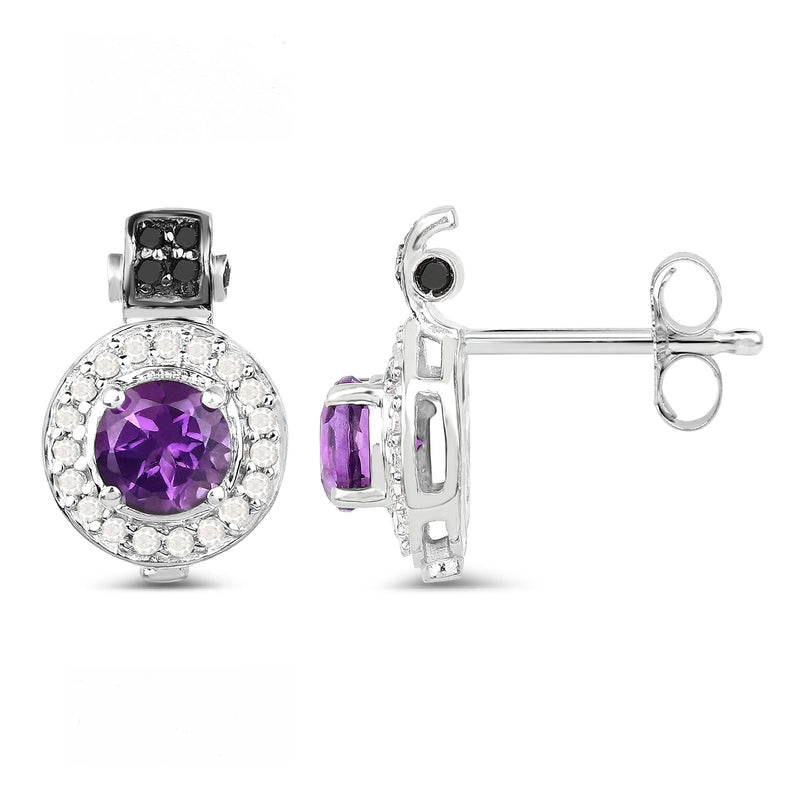 2.29 Carat Genuine Amethyst, Black Diamond and White Diamond .925 Sterling Silver Earrings