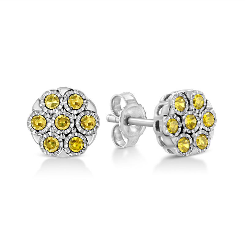 .925 Sterling Silver 1/4 Cttw Yellow Color Treated Diamond Cluster Flower Earrings (Yellow Color, I2-I3 Clarity)