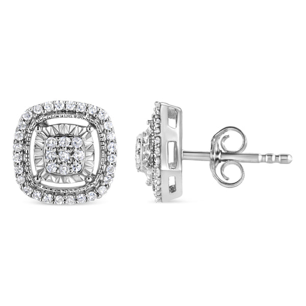 .925 Sterling Silver 1/4 Cttw Prong Set Round-Cut Diamond Cluster in Square Frame Stud Earring (I-J Color, I2-I3 Clarity)