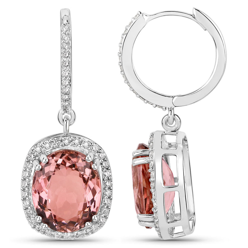 8.90 Carat Genuine Baby Pink Tourmaline and White Diamond 14K White Gold Earrings