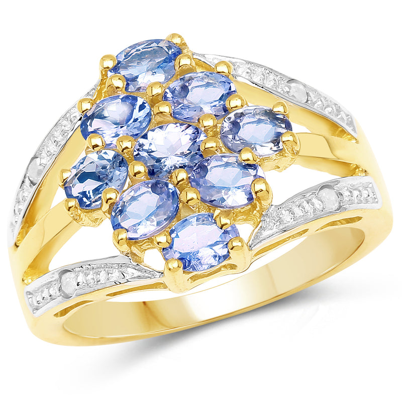 14K Yellow Gold Plated 1.59 Carat Genuine Tanzanite and White Topaz .925 Sterling Silver Ring