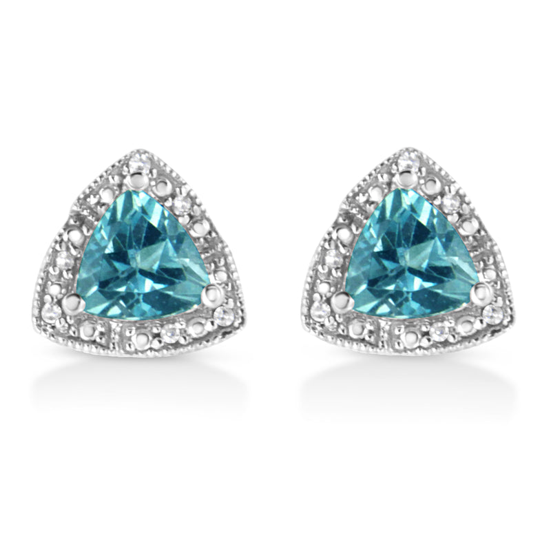 .925 Sterling Silver 6x6 mm Trillion Cut Blue Topaz Gemstone and Diamond Accent Stud Earring (I-J Color, I1-I2 Clarity)