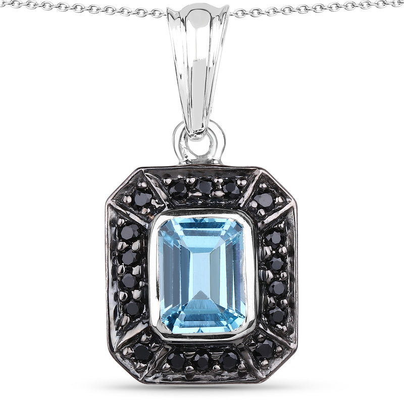 2.37 Carat Genuine Swiss Blue Topaz and Black Spinel .925 Sterling Silver Pendant