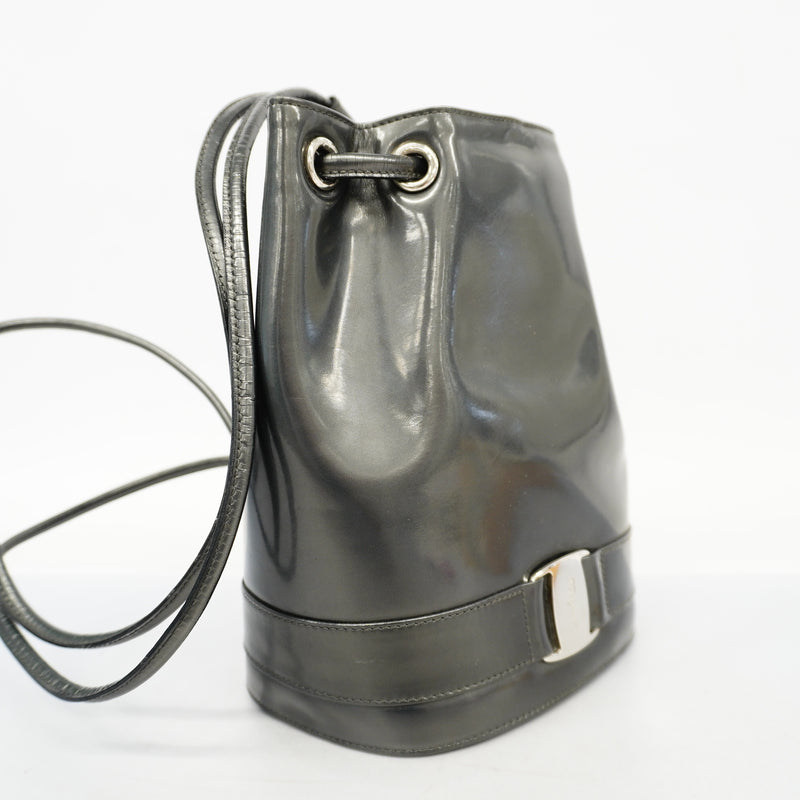 Auth Salvatore Ferragamo Rucksack Enamel Metallic Gray Silver Metal