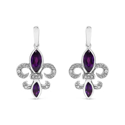 .925 Sterling Silver Marquise Cut Amethyst and Diamond Accent Fleur De Lis Dangle Stud Earrings (H-I Color, SI1-SI2 Clarity)