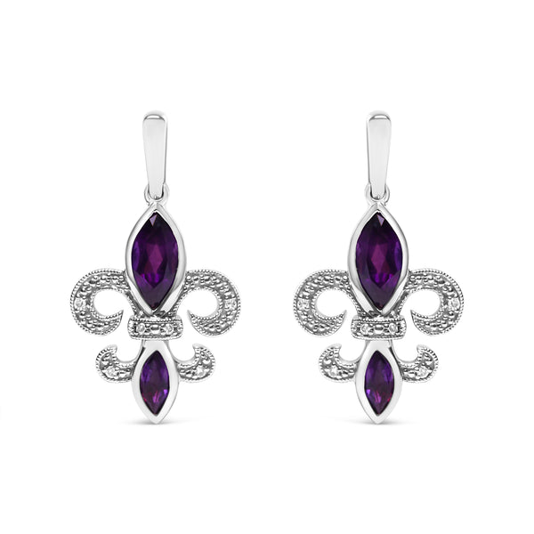 .925 Sterling Silver Marquise Cut Amethyst and Diamond Accent Fleur De Lis Dangle Stud Earrings (H-I Color, SI1-SI2 Clarity)