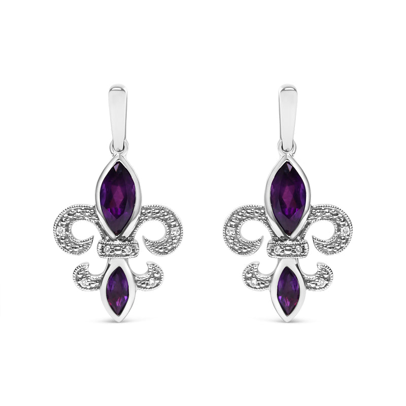 .925 Sterling Silver Marquise Cut Amethyst and Diamond Accent Fleur De Lis Dangle Stud Earrings (H-I Color, SI1-SI2 Clarity)