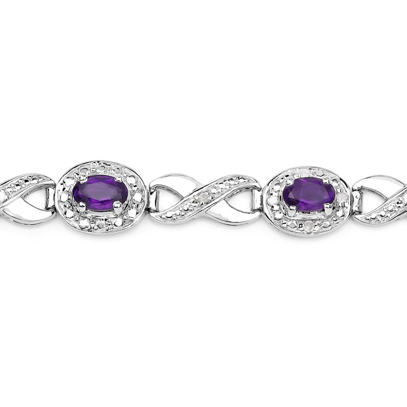 3.58 Carat Genuine Amethyst and White Diamond .925 Sterling Silver Bracelet