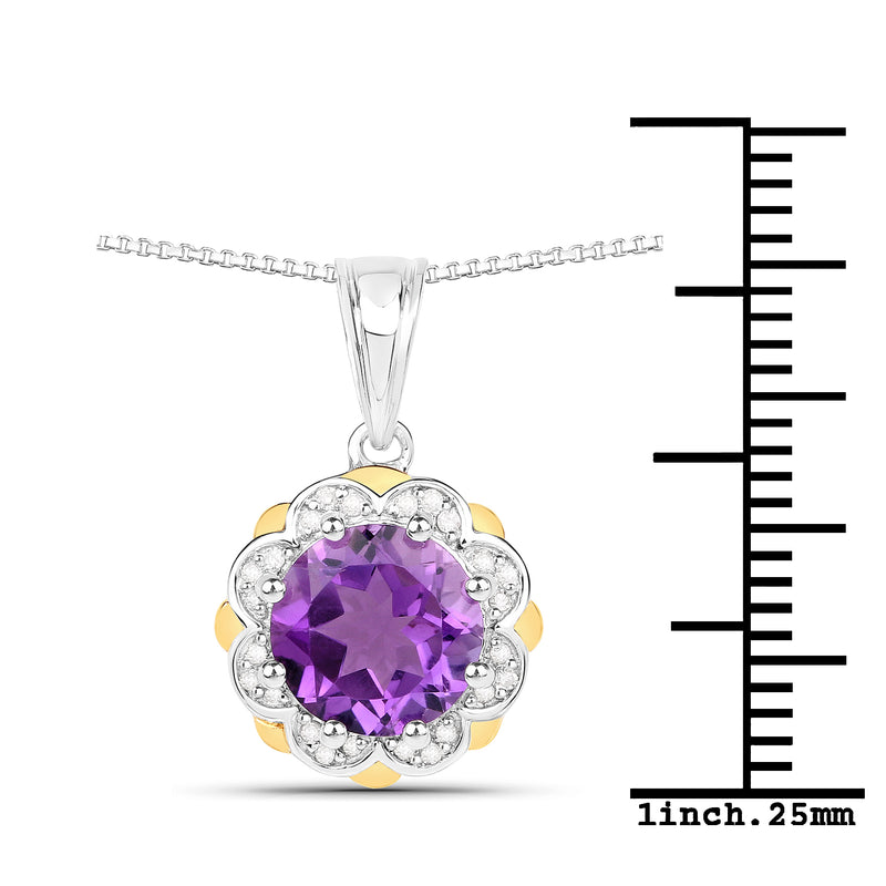 1.87 Carat Genuine Amethyst and White Diamond 14K Yellow Gold with .925 Sterling Silver Pendant