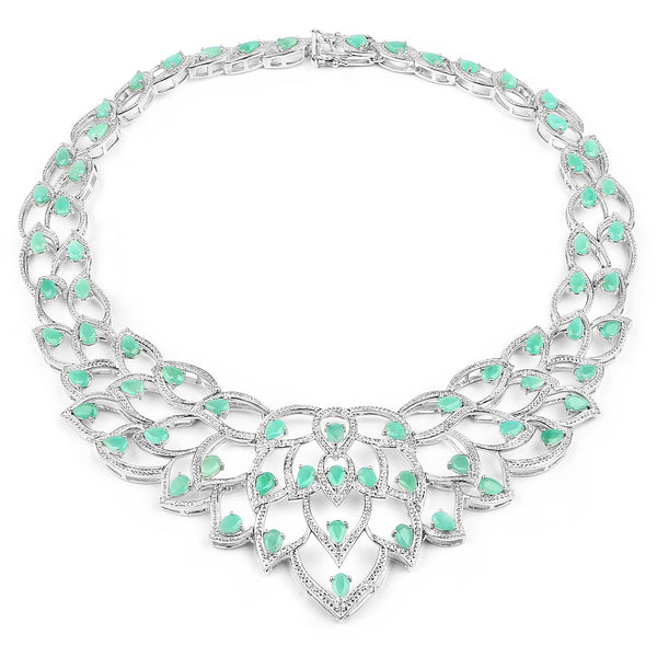 25.66 Carat Genuine Emerald and White Diamond .925 Sterling Silver Necklace