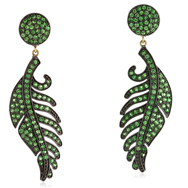 Pave Tsavorite Leaf Dangle Earrings 14k Gold Sterling Silver Handmade Jewelry
