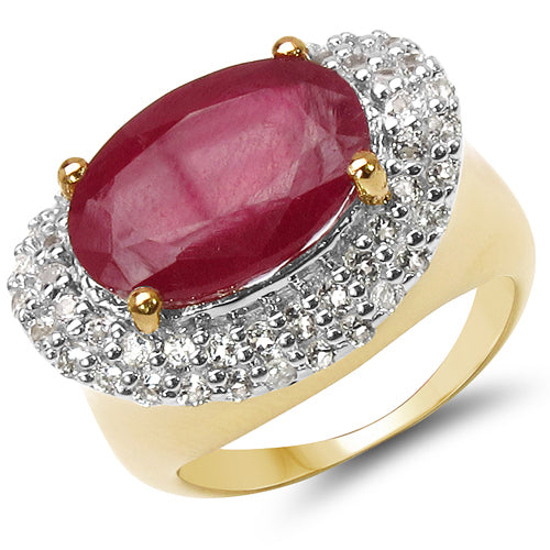 14K Yellow Gold Plated 8.73 Carat Genuine Glass Filled Ruby & White Topaz .925 Sterling Silver Ring