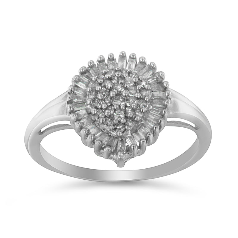 10K White Gold 1/2 Cttw Round & Baguette Cut Diamond Pear Shaped Domed Pavé Cluster with Halo Cocktail Ring (H-I Color, SI1-SI2 Clarity) - Size 5