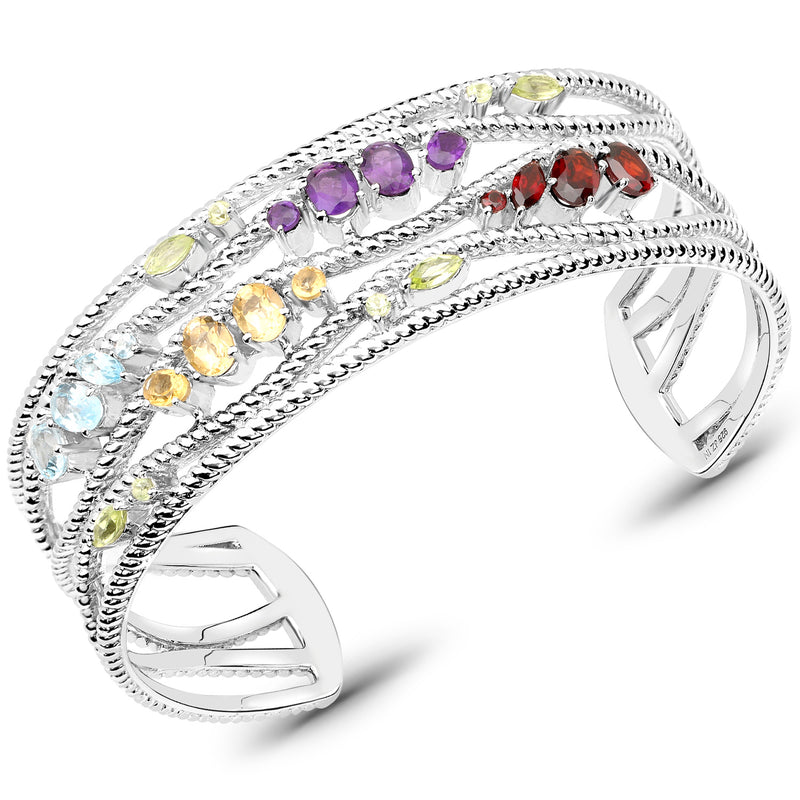 4.82 Carat Genuine Multi Stones .925 Sterling Silver Cuff Bangle