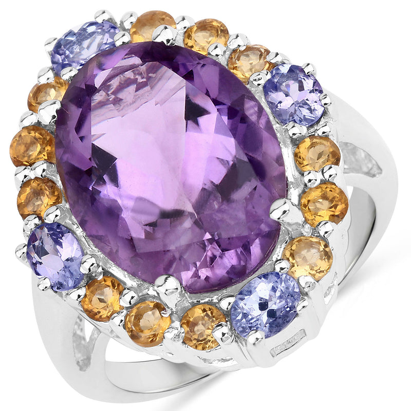 "9.66 Carat Genuine Amethyst, Citrine and Tanzanite .925 Sterling Silver Ring"