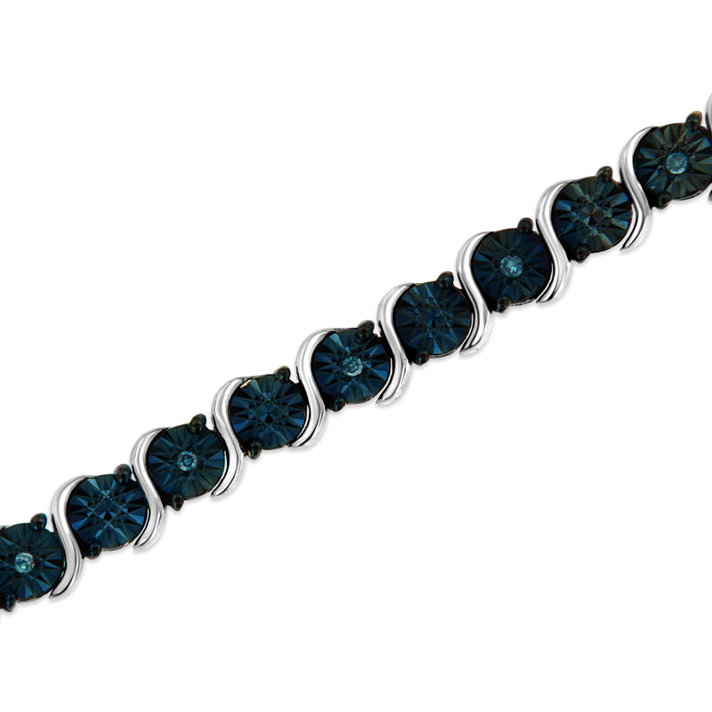 .925 Sterling Silver 1/10 Cttw Miracle-Set Treated Blue Color Diamond Miracle Plate "S" Link Tennis Bracelet (Blue Color, I2- I3 Clarity) - 7.25"