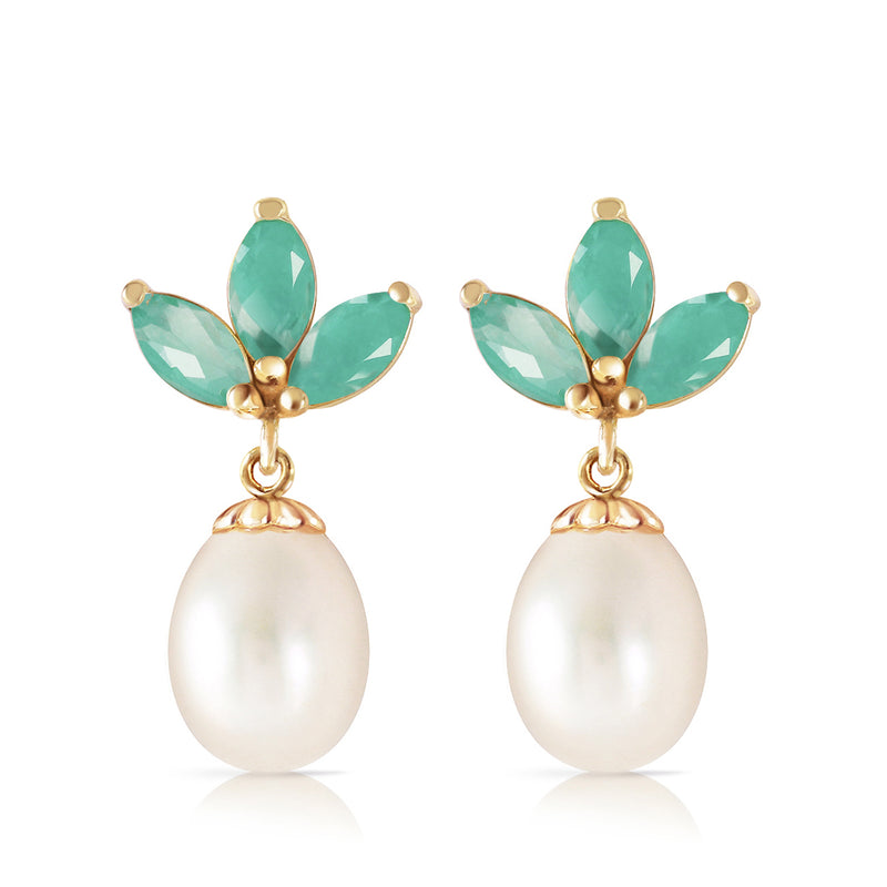 9.5 Carat 14K Solid Yellow Gold Dangling Earrings Pearl Emerald
