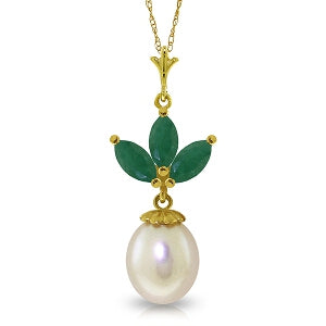 4.75 Carat 14K Solid Yellow Gold Necklace Pearl Emerald