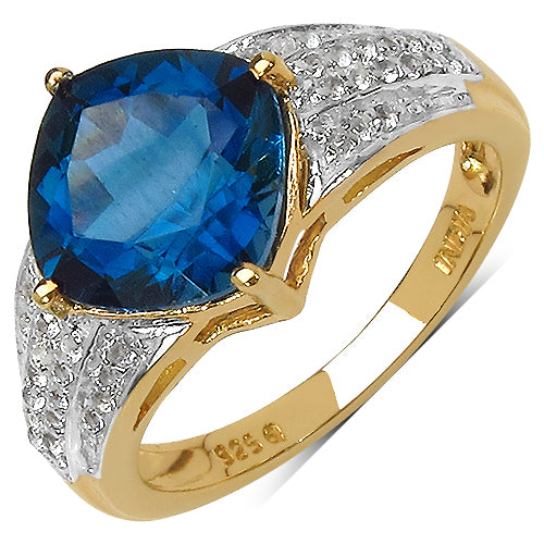 18K Yellow Gold Plated 3.83 Carat Genuine London Blue Topaz & White Topaz .925 Sterling Silver Ring