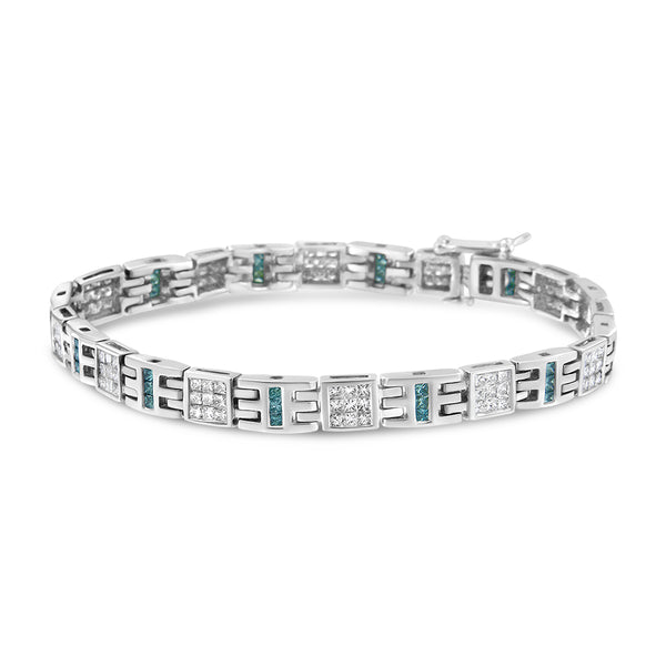 14K White Gold Princess-Cut white and Blue Diamond 3.00 cttw Fashion Link Bracelet (H-I Color, SI1-SI2 Clarity)