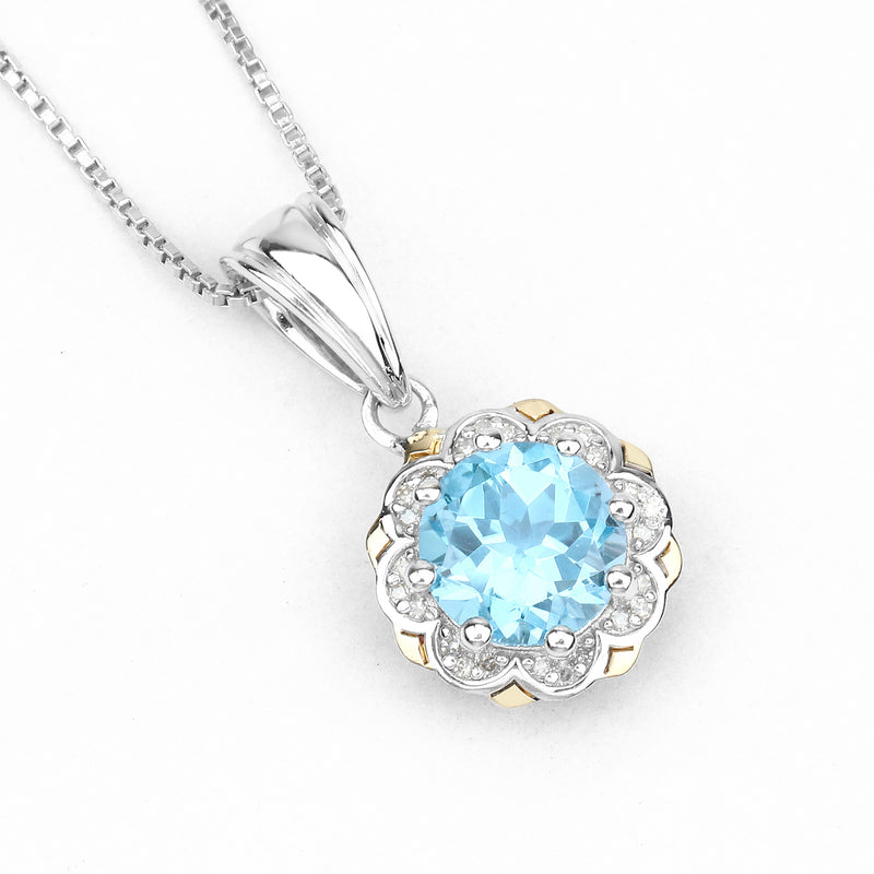 2.32 Carat Genuine Swiss Blue Topaz and White Diamond 14K Yellow Gold with .925 Sterling Silver Pendant