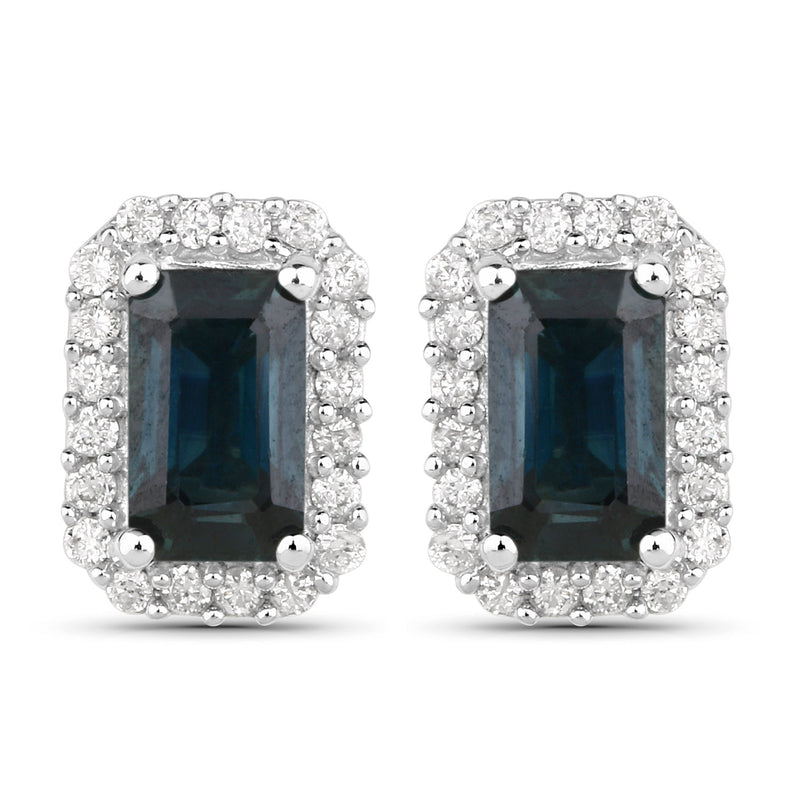 0.91 Carat Genuine Blue Sapphire and White Diamond 14K White Gold Earrings