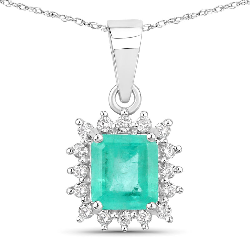 1.18 Carat Genuine Colombian Emerald and White Diamond 14K White Gold Pendant