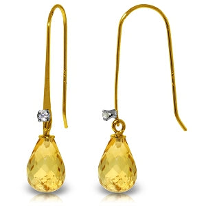 1.38 Carat 14K Solid Yellow Gold Fish Hook Earrings Diamond Citrine