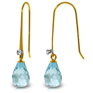 1.38 Carat 14K Solid Yellow Gold Fish Hook Earrings Diamond Blue Topaz