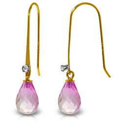 1.38 Carat 14K Solid Yellow Gold Fish Hook Earrings Diamond Pink Topaz