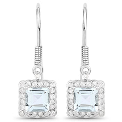 1.38 Carat Genuine Aquamarine and White Diamond .925 Sterling Silver Earrings