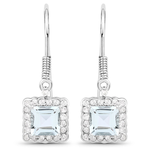 1.38 Carat Genuine Aquamarine and White Diamond .925 Sterling Silver Earrings